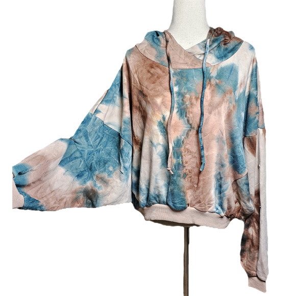 NWT Hem and Thread Womens Tie Die Oversized Hoodie Teal and Brown Large - Picture 1 of 15
